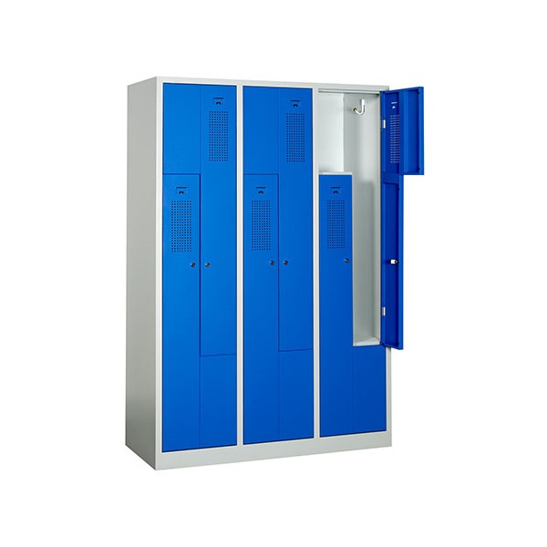 Vestiaire monobloc porte en L gris et bleu 3 cases  L118,5 x P50 x H180 cm