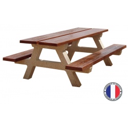 Table de pique nique et bancs Rubus 8 places béton pieds gravillons lavés plateau et assises aspect bois